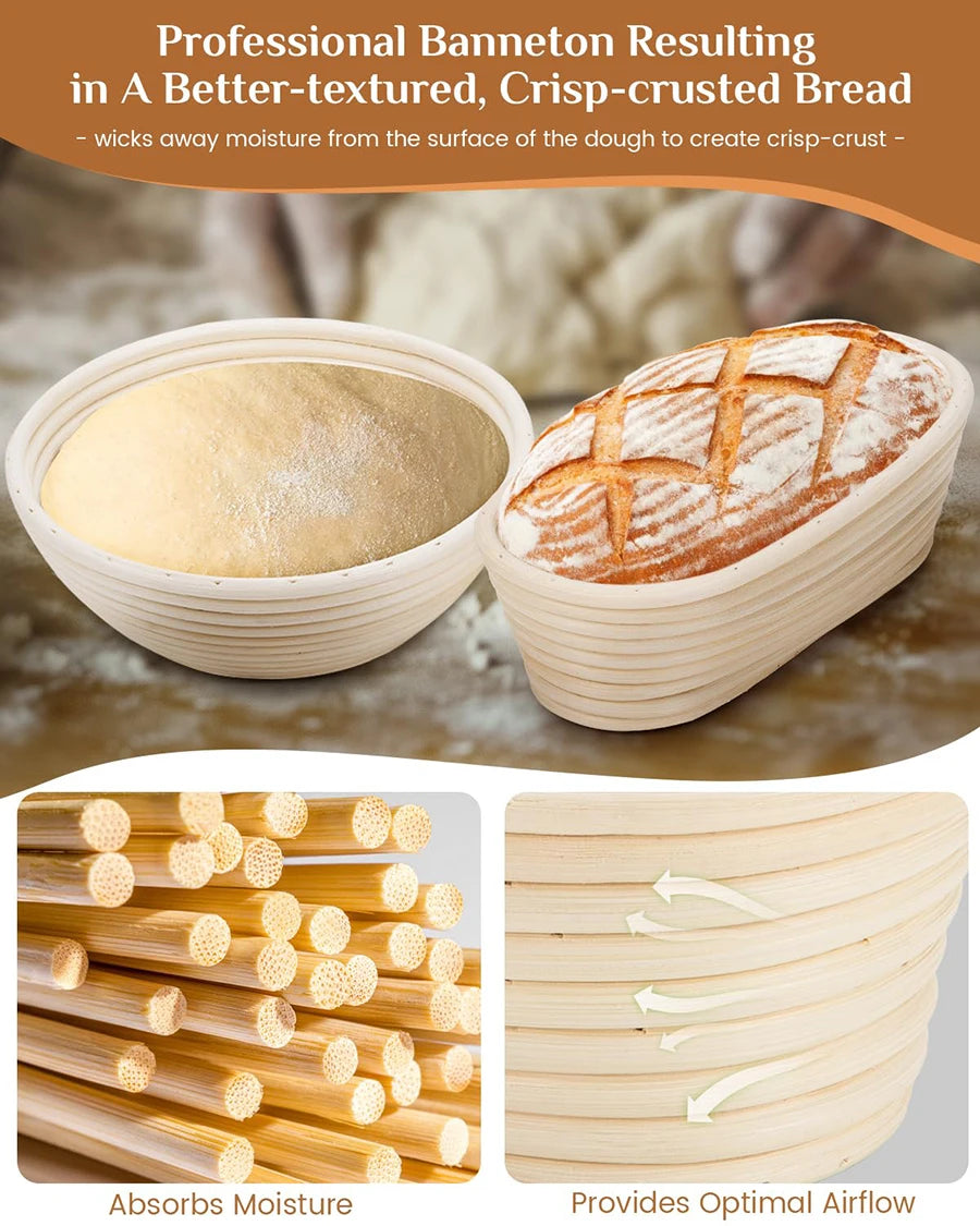 Bread Proofing Basket Set 9 Inch Round and 10 Inch Oval Banneton Bowl with Sourdough Bread Making Tools Kit