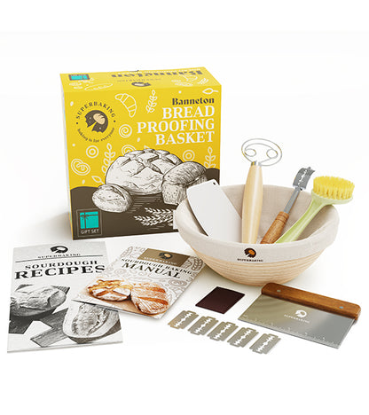 Superbaking Sourdough Proofing Basket Gift Set, Round 9" & Oval 10" Banneton, Sourdough Starter Kit, Sourdough Banneton Basket, Banneton Bread Proofing Basket Set of 2, Sourdough Bread Baking Supplies