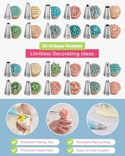 Kootek 32-Piece Piping Bags and Tips Set with 24 Icing Piping Tips, 2 Reusable Pastry Bags 12 Inch, Reusable Piping Icing Bags and Tips, Cake Decorating Kit for Frosting Cookie, Cupcake
