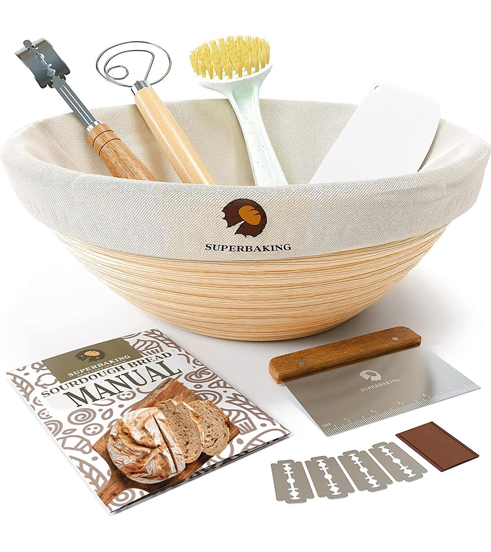 Superbaking Sourdough Proofing Basket Gift Set, Round 9" & Oval 10" Banneton, Sourdough Starter Kit, Sourdough Banneton Basket, Banneton Bread Proofing Basket Set of 2, Sourdough Bread Baking Supplies