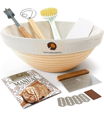 Superbaking Sourdough Proofing Basket Gift Set, Round 9" & Oval 10" Banneton, Sourdough Starter Kit, Sourdough Banneton Basket, Banneton Bread Proofing Basket Set of 2, Sourdough Bread Baking Supplies