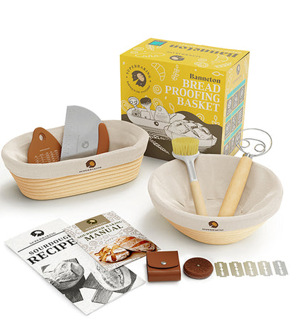 Superbaking Sourdough Proofing Basket Gift Set, Round 9" & Oval 10" Banneton, Sourdough Starter Kit, Sourdough Banneton Basket, Banneton Bread Proofing Basket Set of 2, Sourdough Bread Baking Supplies