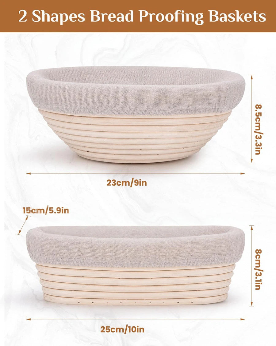 Bread Proofing Basket Set 9 Inch Round and 10 Inch Oval Banneton Bowl with Sourdough Bread Making Tools Kit