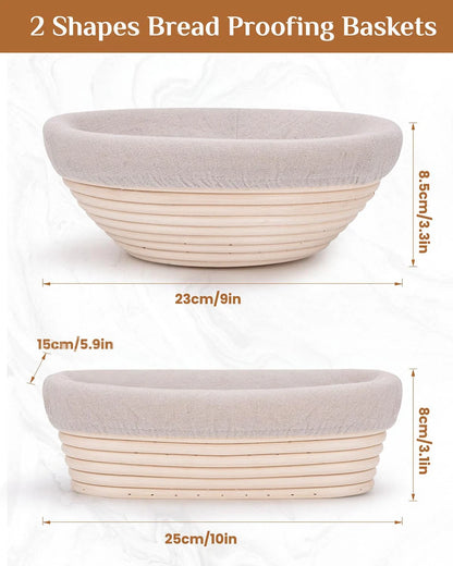 Bread Proofing Basket Set 9 Inch Round and 10 Inch Oval Banneton Bowl with Sourdough Bread Making Tools Kit