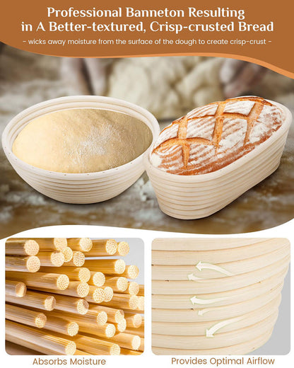 Bread Proofing Basket Set 9 Inch Round and 10 Inch Oval Banneton Bowl with Sourdough Bread Making Tools Kit