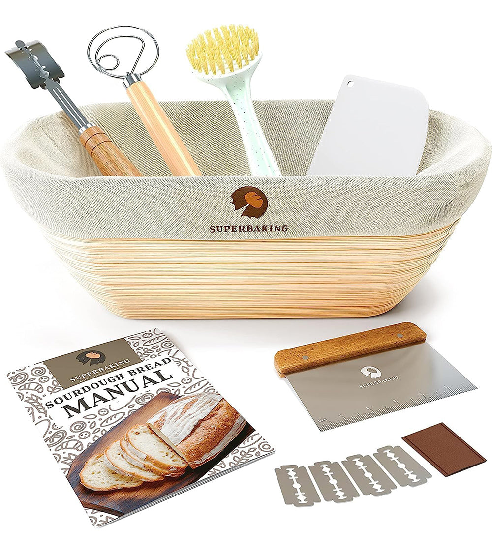 Superbaking Sourdough Proofing Basket Gift Set, Round 9" & Oval 10" Banneton, Sourdough Starter Kit, Sourdough Banneton Basket, Banneton Bread Proofing Basket Set of 2, Sourdough Bread Baking Supplies
