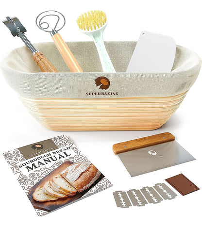 Superbaking Sourdough Proofing Basket Gift Set, Round 9" & Oval 10" Banneton, Sourdough Starter Kit, Sourdough Banneton Basket, Banneton Bread Proofing Basket Set of 2, Sourdough Bread Baking Supplies